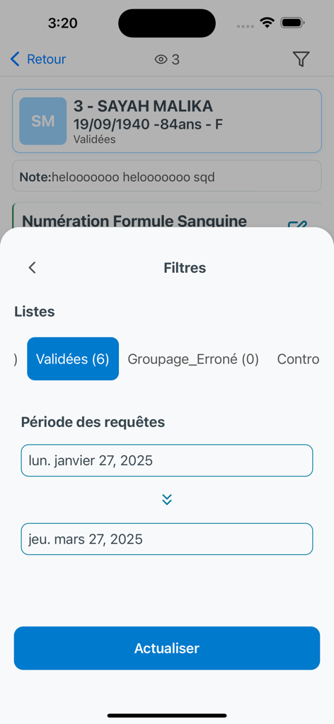 SMART BM - Filtri del laboratorio medico che mostrano intervallo di date e opzioni di stato in SMART BM.