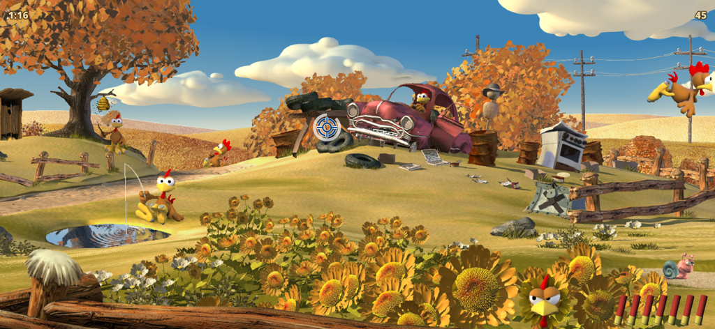 Gameplay screen of Moorhuhn X showing chickens in a sunny farm setting with a targeting reticle