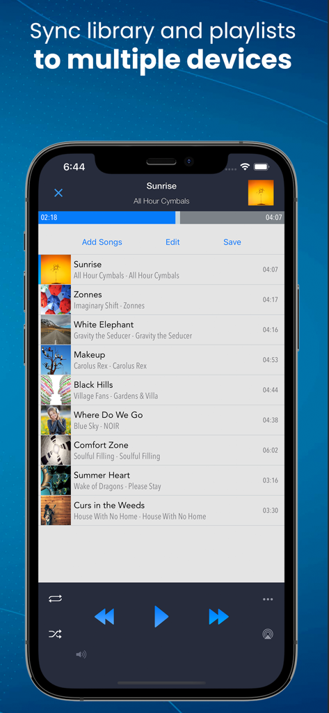 CloudBeats Offline Music - CloudBeats app screen displaying a music playlist and library sync feature
