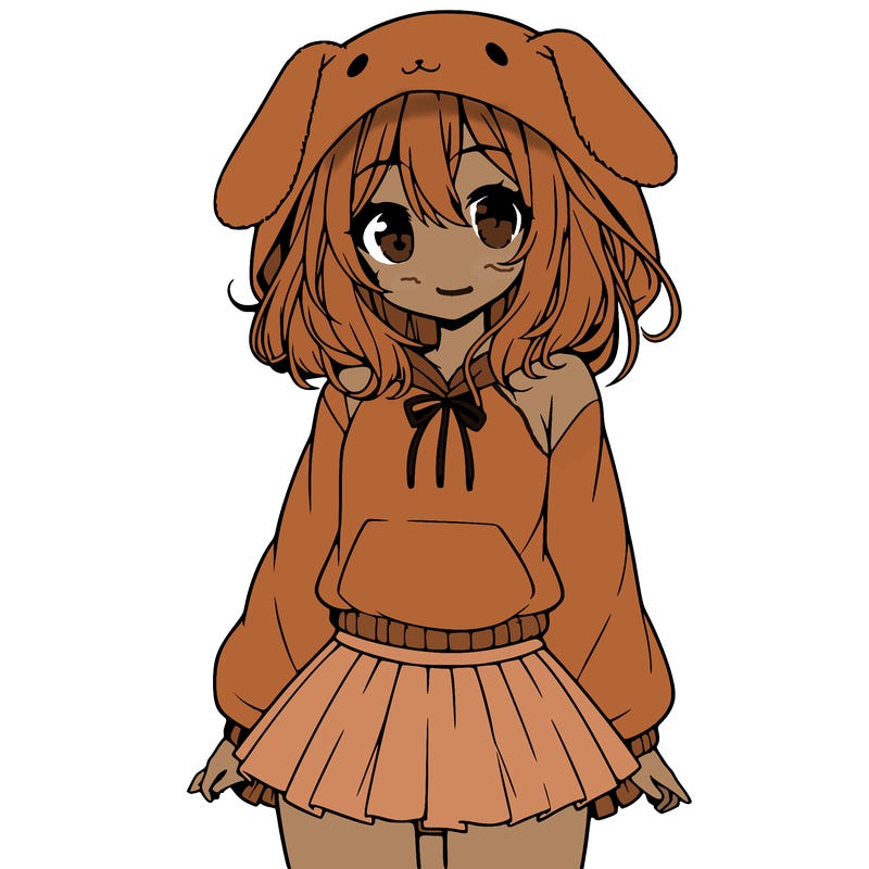 pretty anime girl wearing a fluffy hoodie with bunny ears on the hood and a skirt