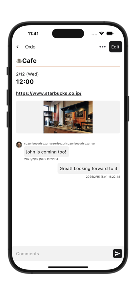 Ordo app calendar event detail showing a cafe meeting with a photo and a shared chat interface