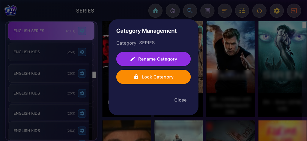 Smarter IPTV Stream: LiveTV - Interface do aplicativo Smarter IPTV Stream mostrando opções de gerenciamento de categorias para renomear ou bloquear categorias de mídia