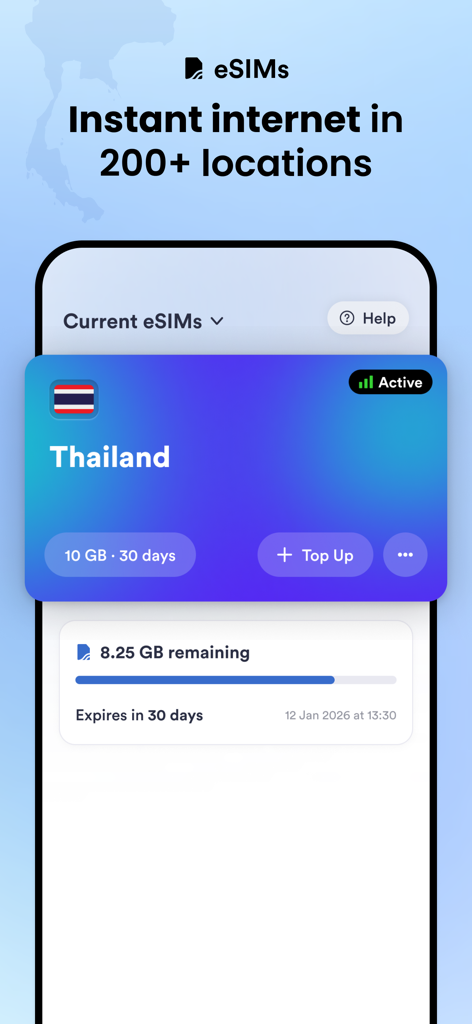 Skratch app interface showing an active Thailand travel eSIM with data tracking