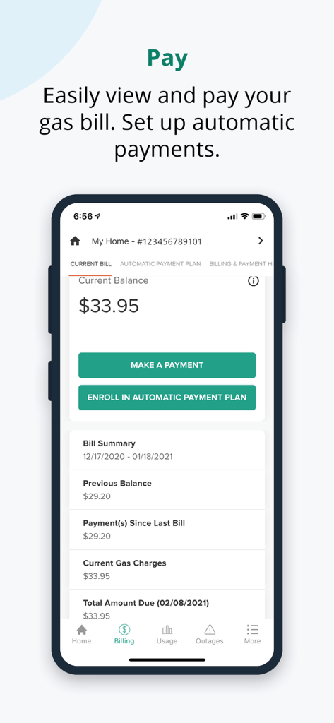 Southwest Gas - Southwest Gas mobile app interface showing current balance and payment options