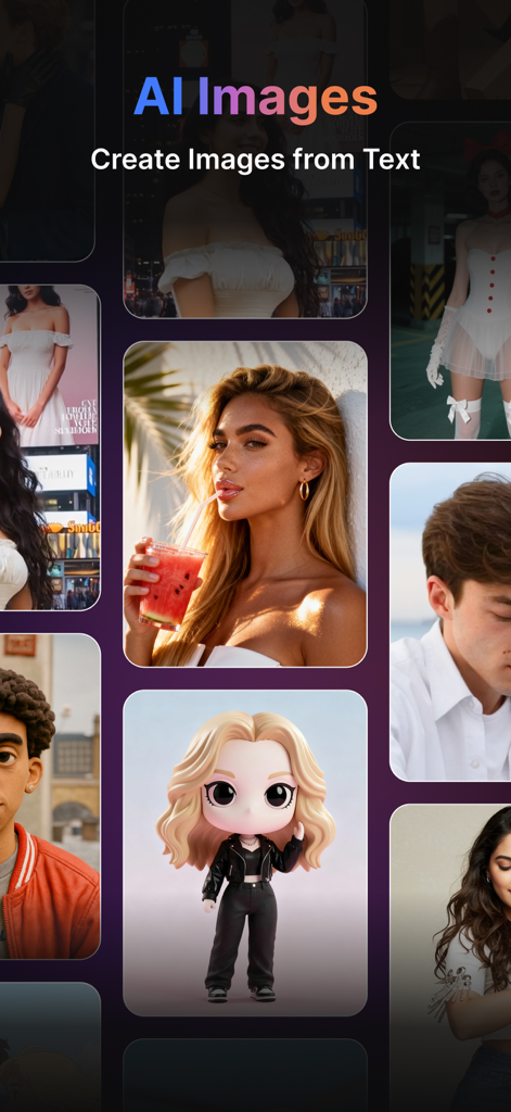 Pollo AI - AI Video Generator - A showcase of various high quality AI generated images and character designs from text prompts within the Pollo AI app