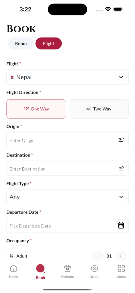Soaltee Heritage Club app flight booking interface with options for Nepal flights