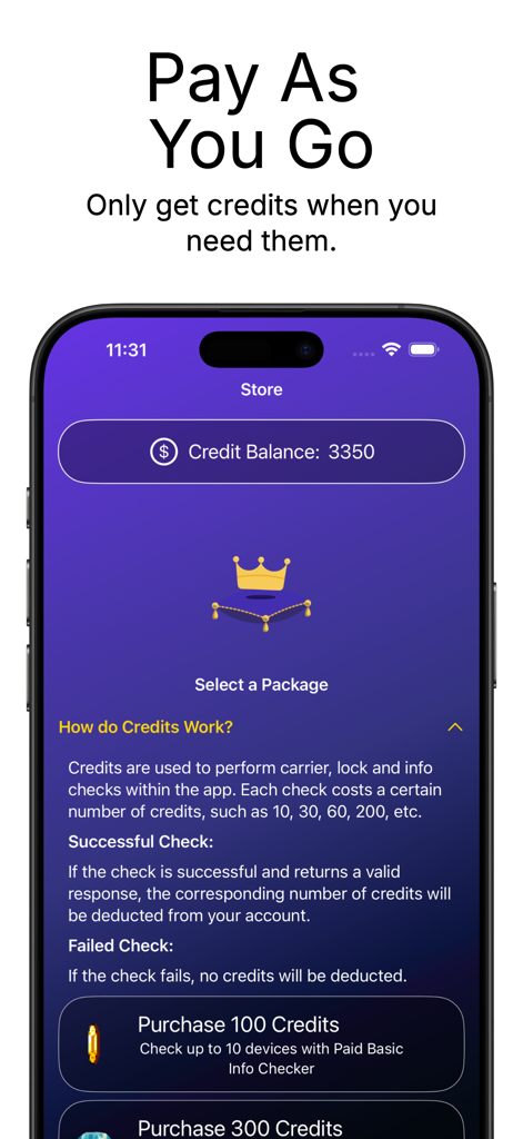 Pantalla de la tienda de la aplicación ScanDeviceInfo que muestra paquetes de créditos de pago por uso para verificaciones de IMEI y operador.