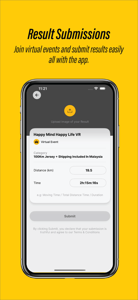 Ecrã de submissão de resultados na app HeyJom para um evento de fitness virtual mostrando entradas de distância e tempo