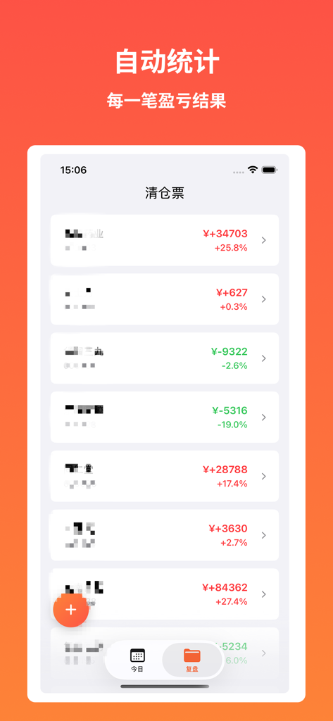 Interfaz que muestra estadísticas automáticas de ganancias y pérdidas para posiciones de trading cerradas en la aplicación financiera Upward Review.