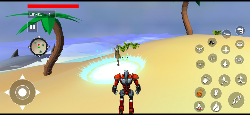 Real Robot Car Transform Game - Um personagem robô vermelho em pé em uma praia tropical na tela de jogabilidade do Jogo de Transformação de Carro Robô Real