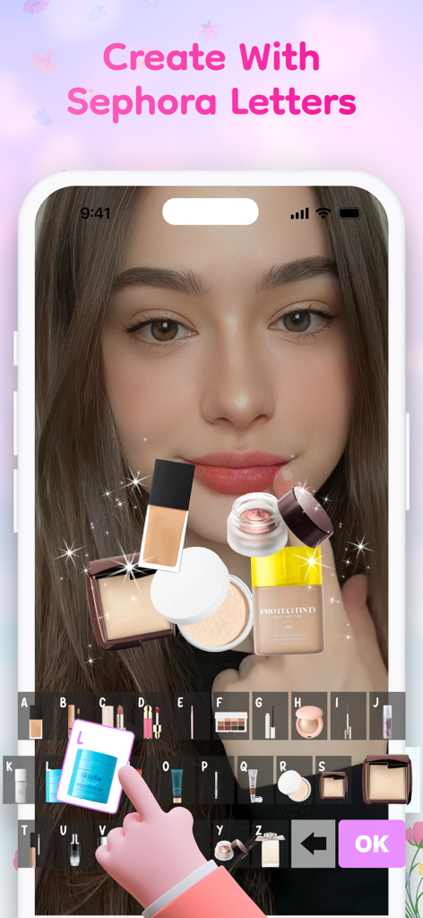 ポートレートの上にメイクアップ製品のステッカーが付いたSephora Lettersツールを特徴とするFloralWhisperアプリインターフェース