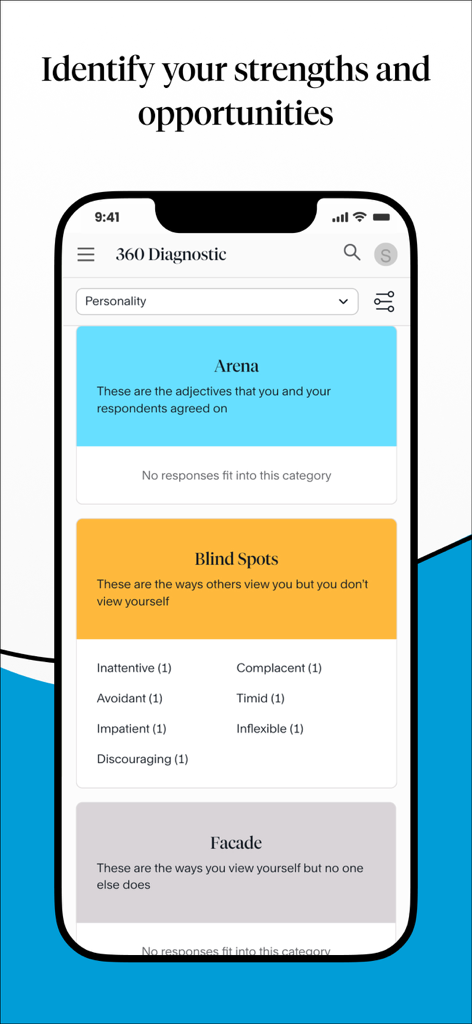 FranklinCovey Impact Platform - Pantalla de la aplicación FranklinCovey mostrando una evaluación de personalidad de Diagnóstico 360 con puntos ciegos y fortalezas
