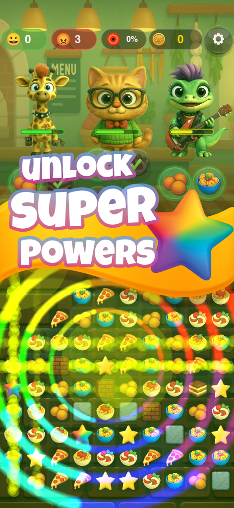 Gameplay di Serve Rush che mostra clienti animali e un'esplosione colorata di poteri speciali su una tavola match-3