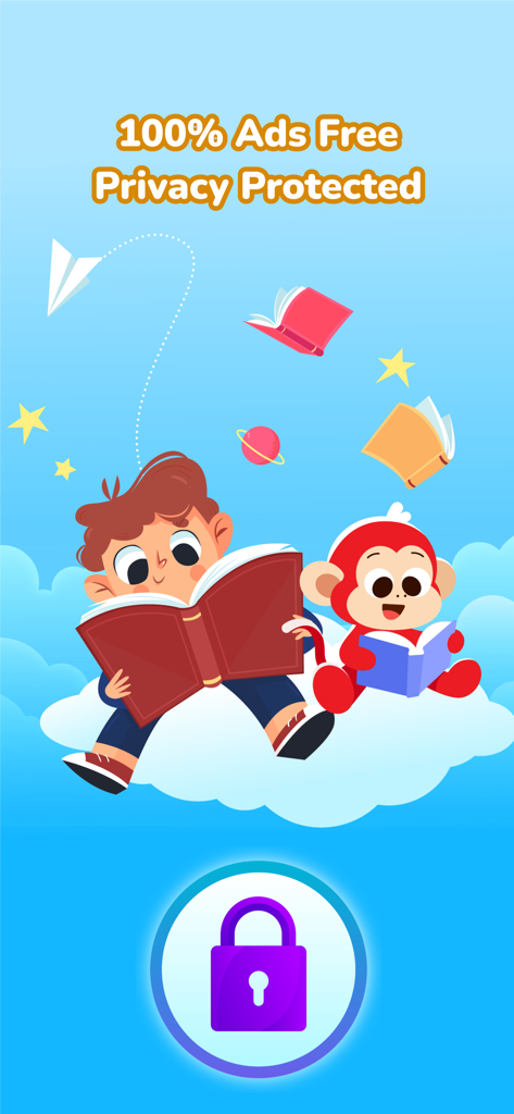 Cartoon boy and monkey reading books on a cloud with 100 percent ads free and privacy protected text