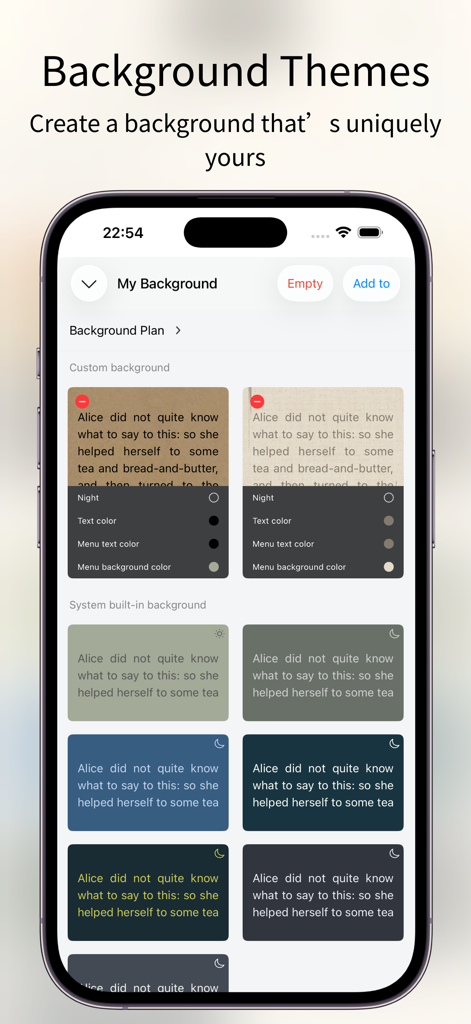 Customizable reading background themes and color options in PureLibro ebook reader