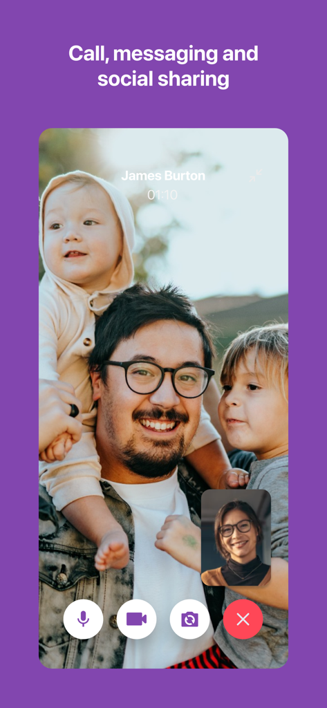 myFirst Circle - Interface de l'application myFirst Circle montrant un appel vidéo familial entre un père avec ses enfants et une mère
