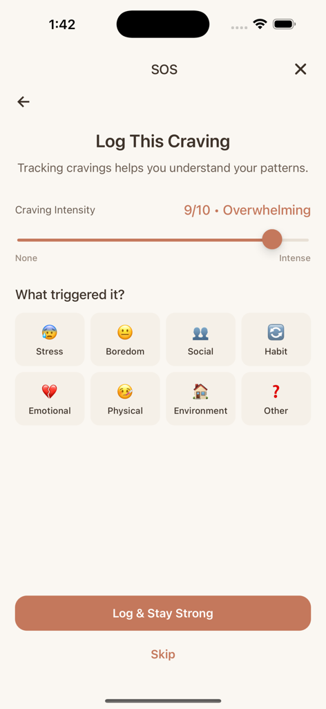 Quit Weed Tracker - Unfogged - Unfogged App-Oberfläche zur Protokollierung von Verlangenintensität und Auslösern.