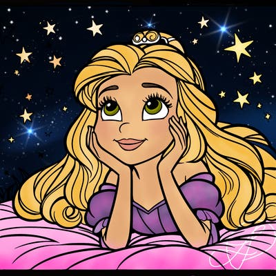 a princess lying on her back on a blanket, looking up at the stars with a dreamy expression.