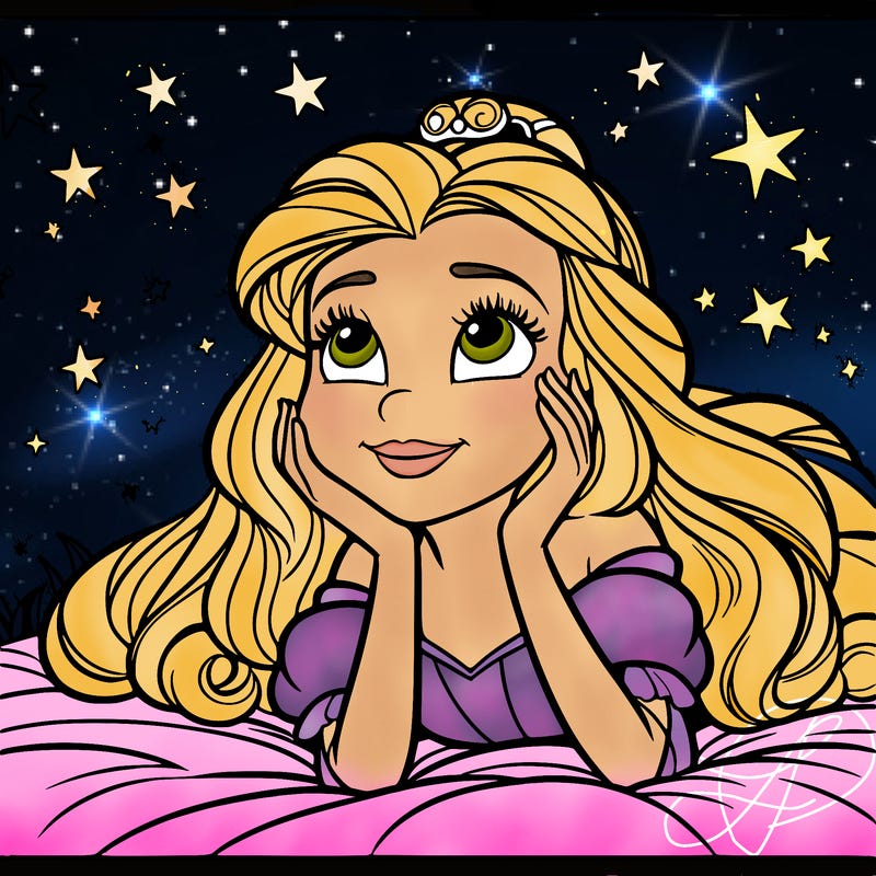 a princess lying on her back on a blanket, looking up at the stars with a dreamy expression.