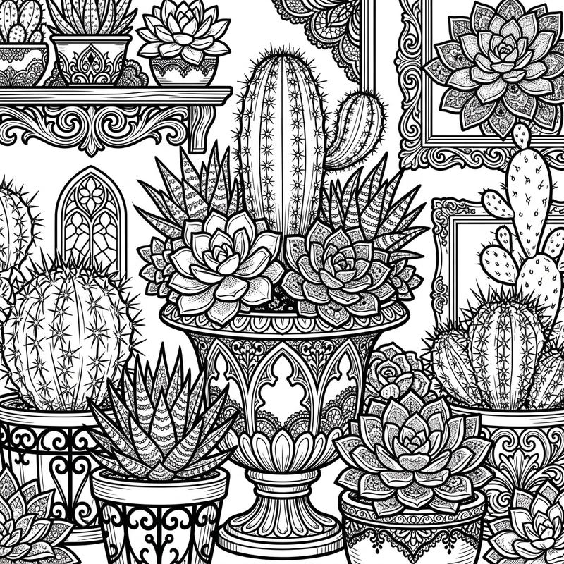 Dive into a captivating world where resilient succulents and cacti meet dark, ornate Gothic aesthetics. This unique coloring page offers intricate details perfect for a relaxing and creative escape.
