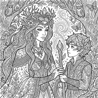 Escape into a wondrous realm of fantasy with this captivating coloring page depicting a powerful fairy queen and her young elf companion amidst an enchanted forest. Designed for adults, this intricate artwork promises hours of creative relaxation and mindful engagement.