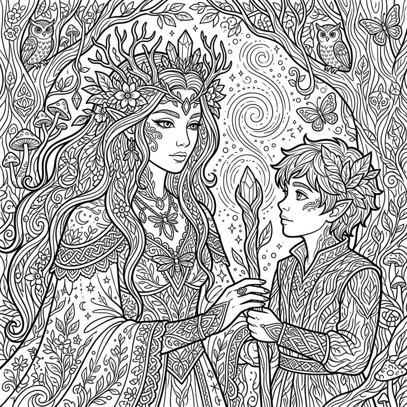 Escape into a wondrous realm of fantasy with this captivating coloring page depicting a powerful fairy queen and her young elf companion amidst an enchanted forest. Designed for adults, this intricate artwork promises hours of creative relaxation and mindful engagement.
