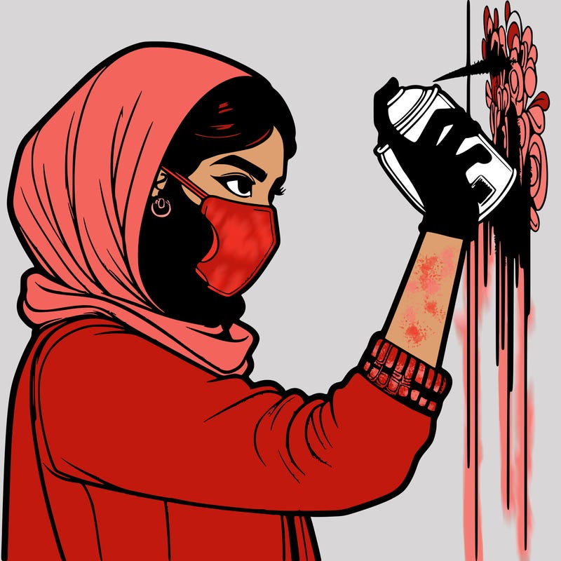 realistic girl with mask spray painting a wall