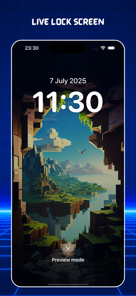 Gaming Wallpapers 4K Live - Vista previa de la pantalla de bloqueo en vivo del iPhone con un fondo de pantalla de juego de paisaje de vóxeles