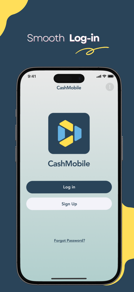 CashMobile app login screen with Log in and Sign Up buttons