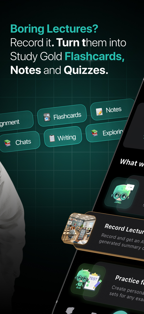 Genio AI: College Smart Tutor - Interface do aplicativo Genio AI mostrando ferramentas para gravar aulas e gerar flashcards e anotações de estudo.