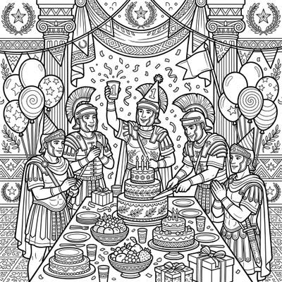 Step back in time for a celebration like no other with our Roman Generals Birthday Party coloring page. Enjoy coloring detailed scenes of ancient warriors letting loose with cakes, balloons, and confetti.