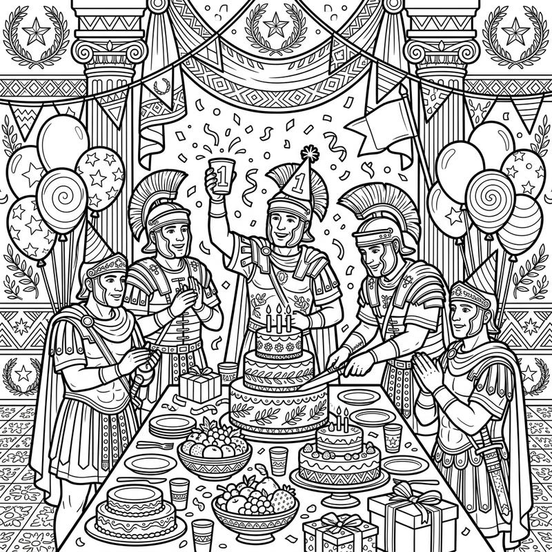 Step back in time for a celebration like no other with our Roman Generals Birthday Party coloring page. Enjoy coloring detailed scenes of ancient warriors letting loose with cakes, balloons, and confetti.