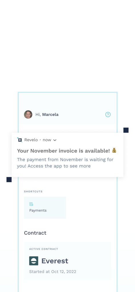 Interface do aplicativo Revelo Go mostrando uma notificação push para uma nova fatura e um painel de contratos ativos