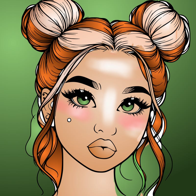 realistic girl with two buns on her hair and lips