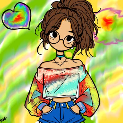 girl with a messy ponytail glasses a baggy crop top and jean shorts