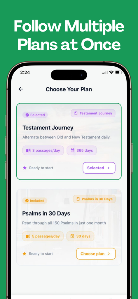 The Bible in a Year – 365 Plan - iPhone screen showing various Bible reading plans including Testament Journey and Psalms in 30 Days
