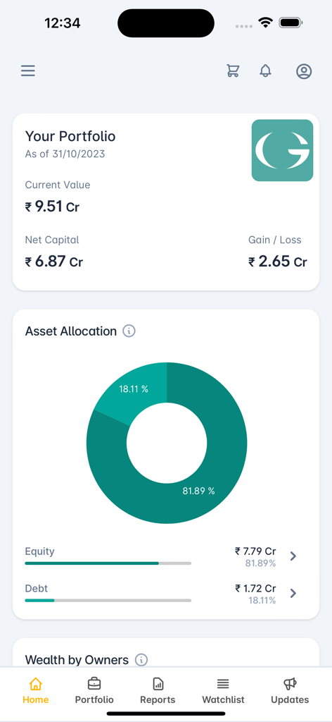 GEOJIT PRIVATE WEALTH - Geojit Private Wealth app dashboard showing portfolio summary and asset allocation donut chart