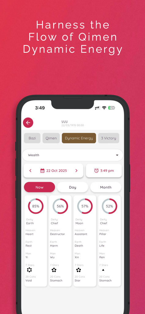 Intuchi app interface showing Qimen dynamic energy charts for wealth optimization.