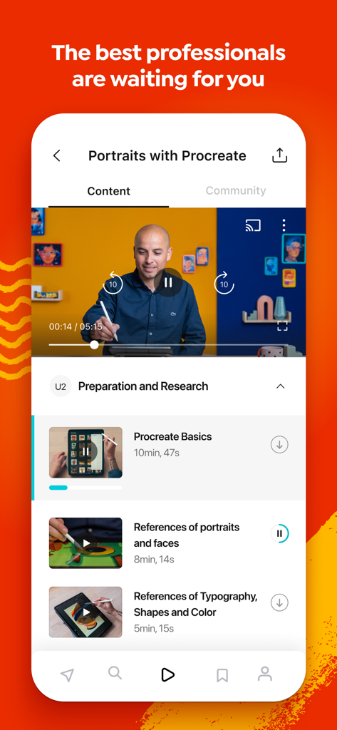 Interfaccia dell'app Domestika che mostra un corso video professionale sull'illustrazione di ritratti digitali