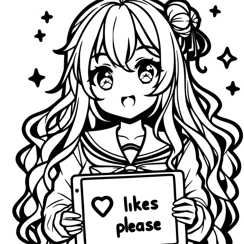 anime girl whith long curly hair holding a sign saying "10 likes please"