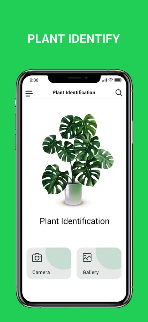 Plant Snap : Identify Plant - Schermata principale dell'app Plant Snap che mostra le opzioni di identificazione delle piante tramite fotocamera o galleria