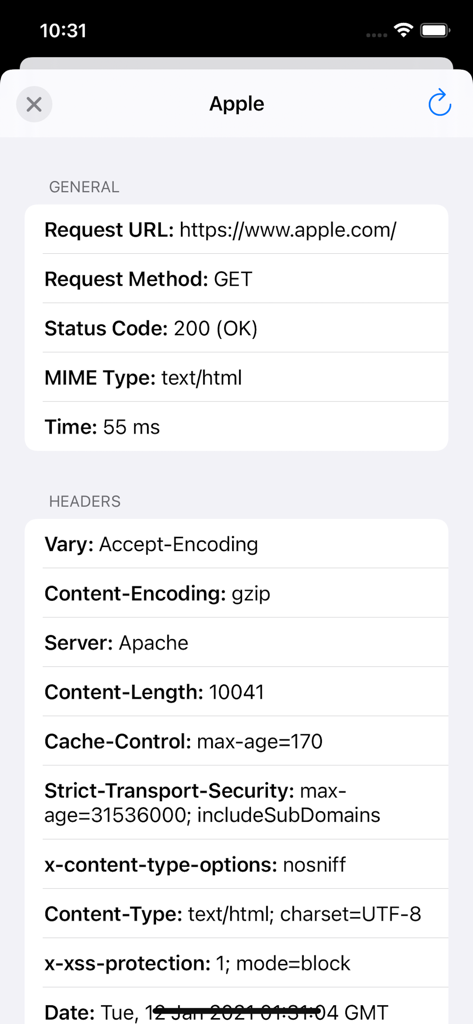 Mobile app interface showing HTTP response details including status code headers and timing for a GET request