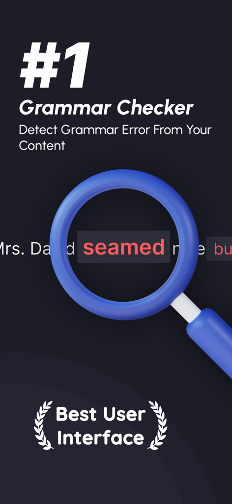 Mobile app screen for Grammar Check showing a magnifying glass over a spelling error with text identifying it as the number one grammar checker.