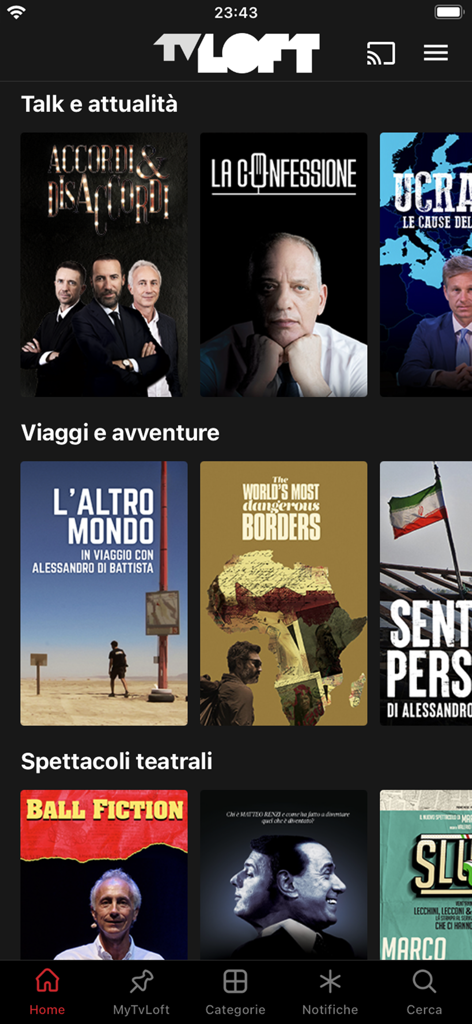 TvLoft - Dashboard of the TvLoft app showing video categories for current affairs, travel documentaries, and theater performances.