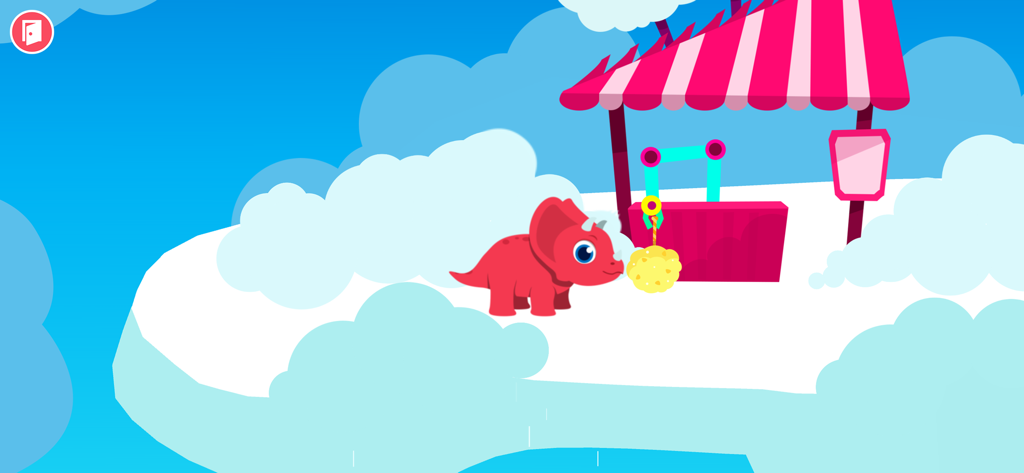 Un personnage de Tricératops rouge de dessin animé sur un nuage à côté d'une échoppe à rayures roses dans un ciel bleu.