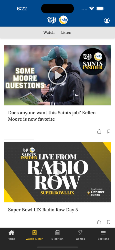 NOLA-Nachrichten-App-Oberfläche mit Videoinhalten für Nachrichten und Sportanalysen der New Orleans Saints