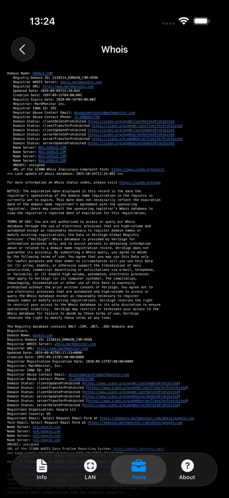 Detailed WHOIS domain registration information displayed in the Network Analyzer app