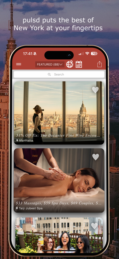 pulsd - The Best of New York - Mobile app screen for pulsd showing curated New York City events and discount deals