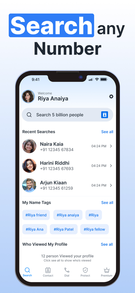 Show Caller ID & Spam Blocker - Pantalla de la aplicación móvil mostrando una barra de búsqueda para encontrar nombres de llamadores y un historial de búsquedas recientes con notificaciones de vista de perfil