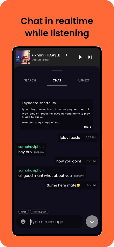 Groic : Listen music togther - Interfaz de la aplicación Groic con chat en tiempo real y controles de reproducción de música